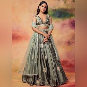 Olive Green Satin Indian Lehenga with Gold Embroidery
